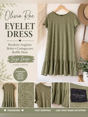 Olivia Rae Broderie Anglaise Eyelet Dress Large Green Boho Cottagecore
